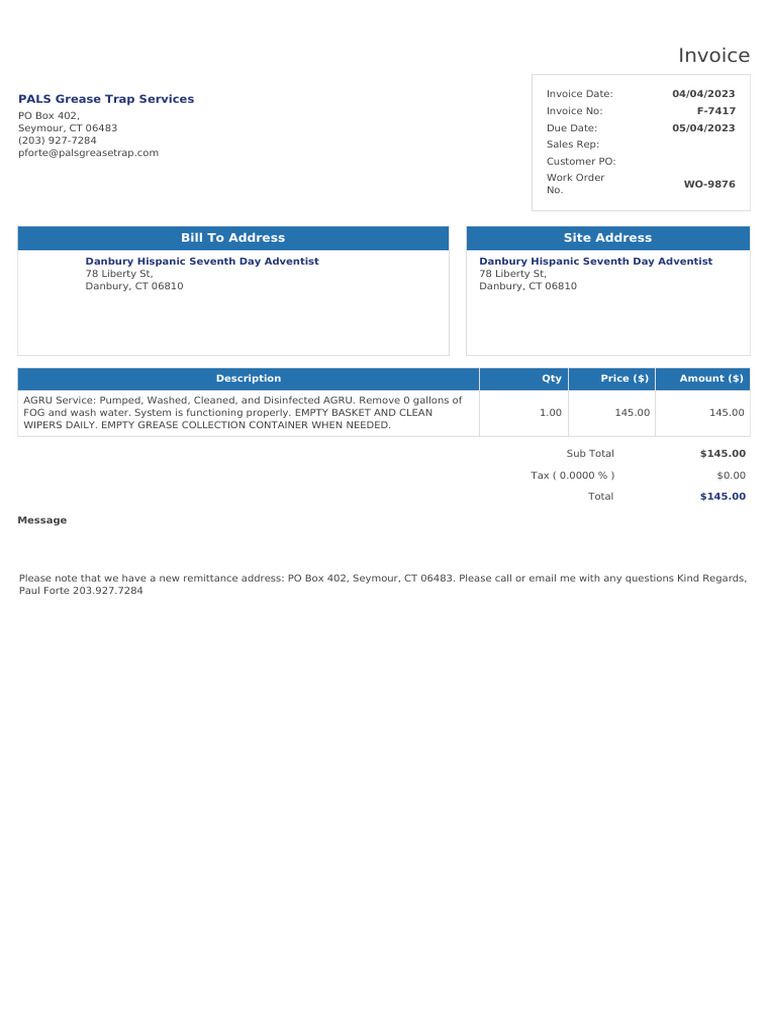 PALS Grease Trap Service Invoice | PDF