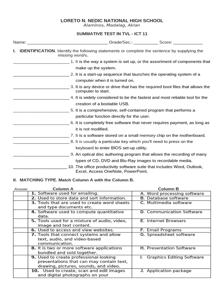 TVL ICT 11 Summative Test Guide | PDF | Booting | Bios