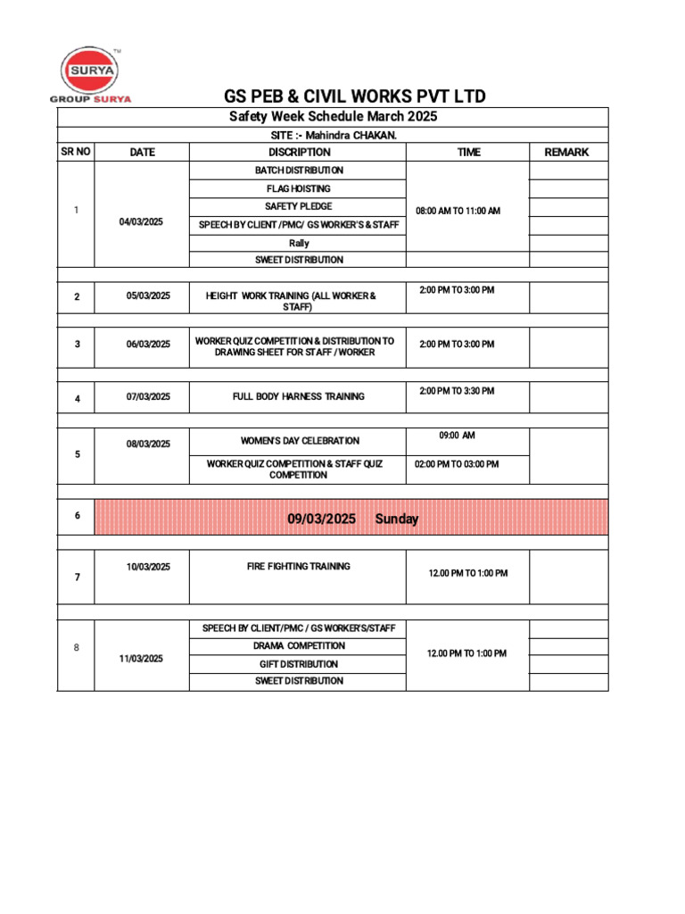 GS PEB Safety Week Schedule 2025 | PDF
