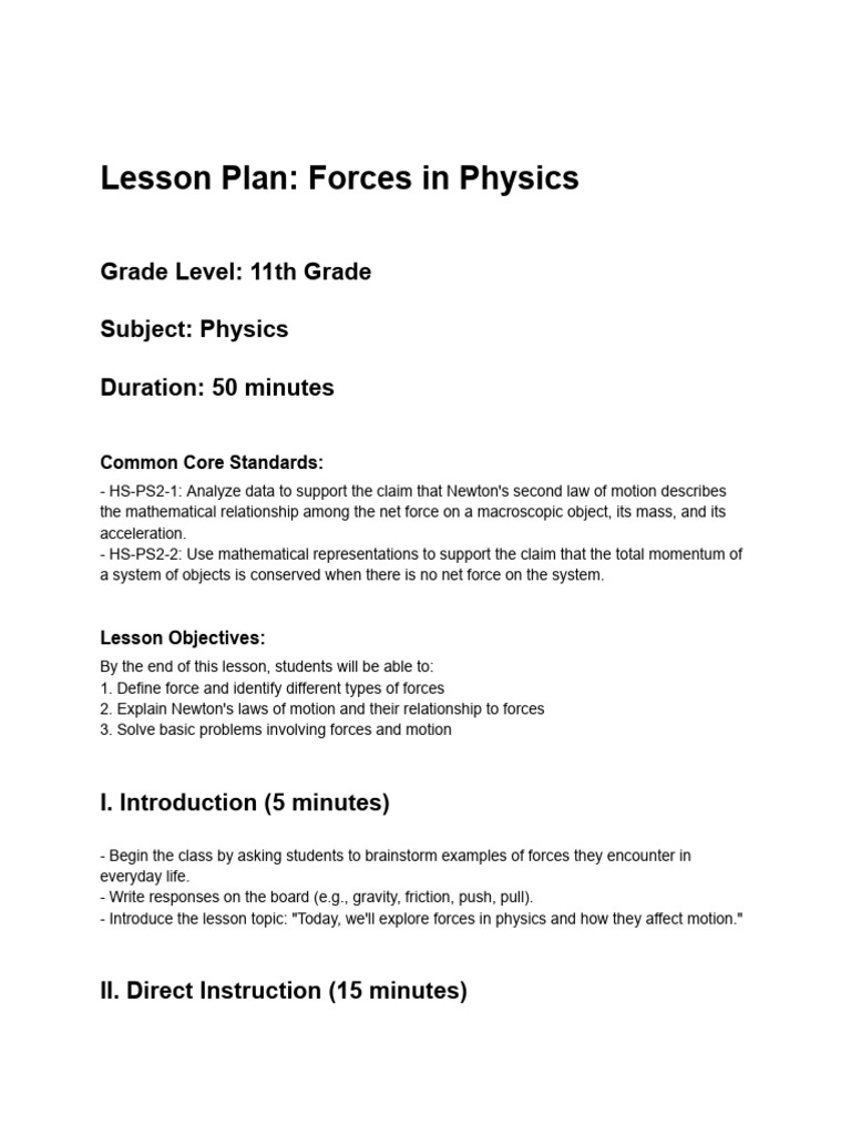 Lesson Plan - Forces in Physics | PDF | Force | Newton's Laws Of Motion