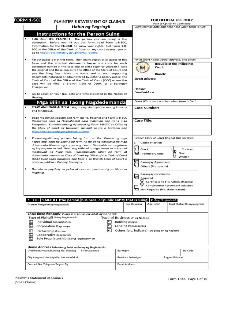 Small Claims Plaintiff's Statement Form | PDF | Judiciaries | Public Law