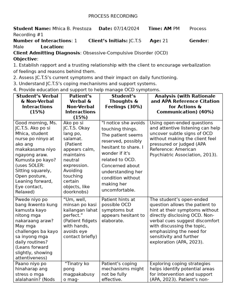 Process Recording: OCD Patient Interaction | PDF | Nonverbal ...
