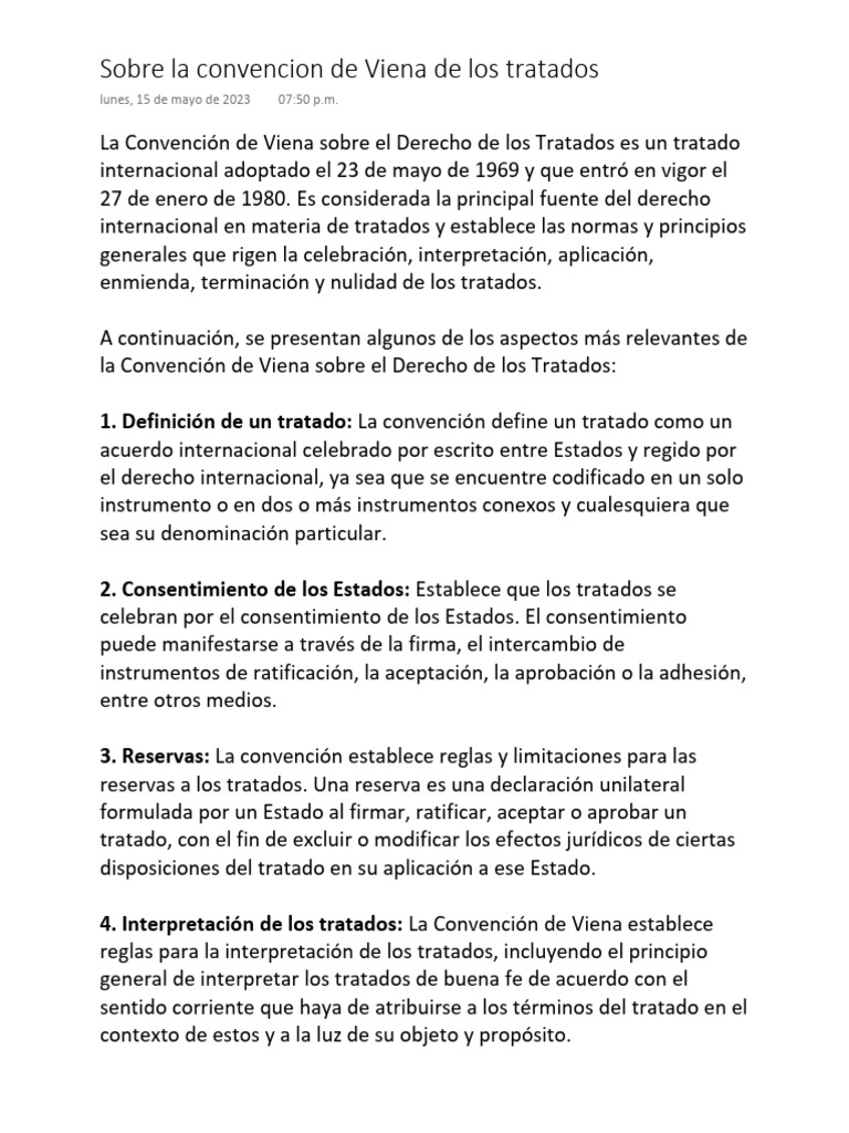 Sobre la convencion de Viena de los tratados | PDF | Tratado | Ciencias ...