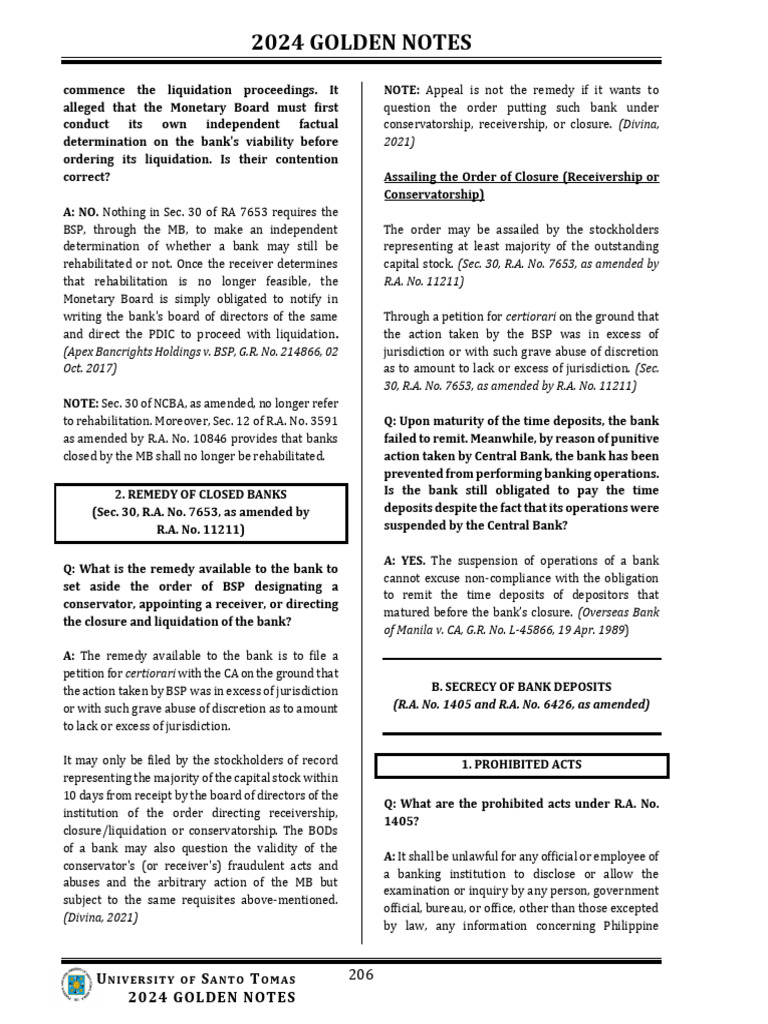 2024 UST Golden Notes on Banking Law | PDF | Banks | Deposit Account
