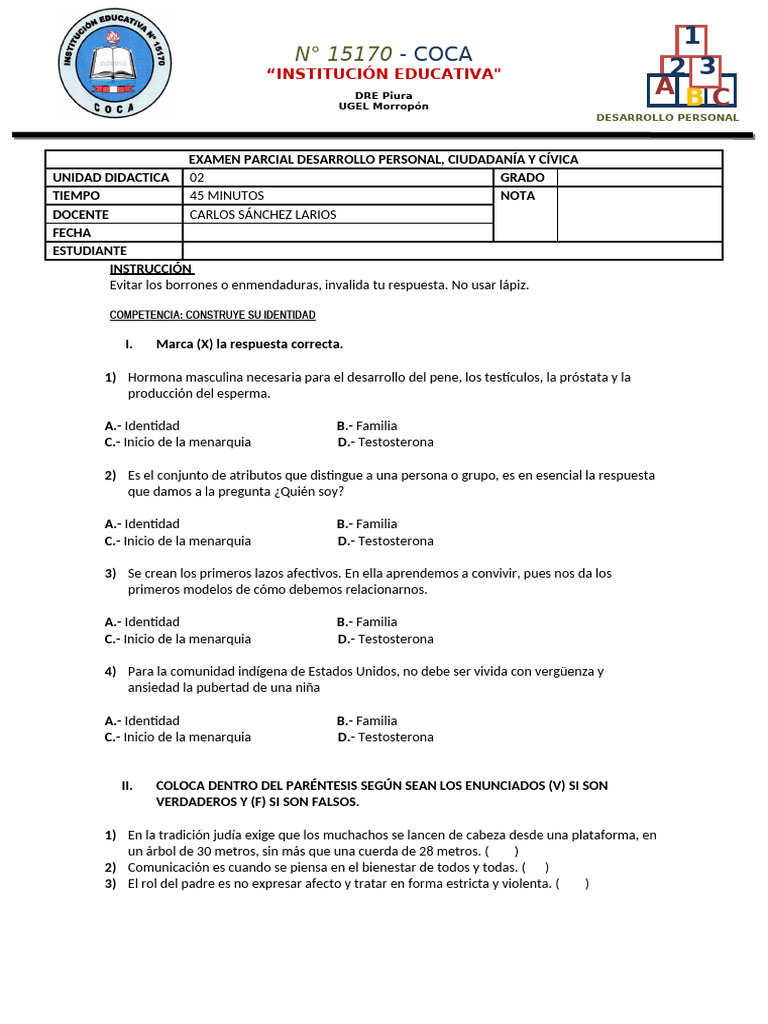 Examen de Desarrollo Personal y Ciudadanía | PDF