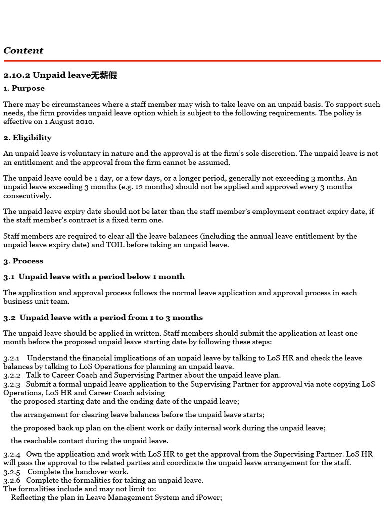 Unpaid Leave Policy Overview | PDF | Parental Leave | Salary