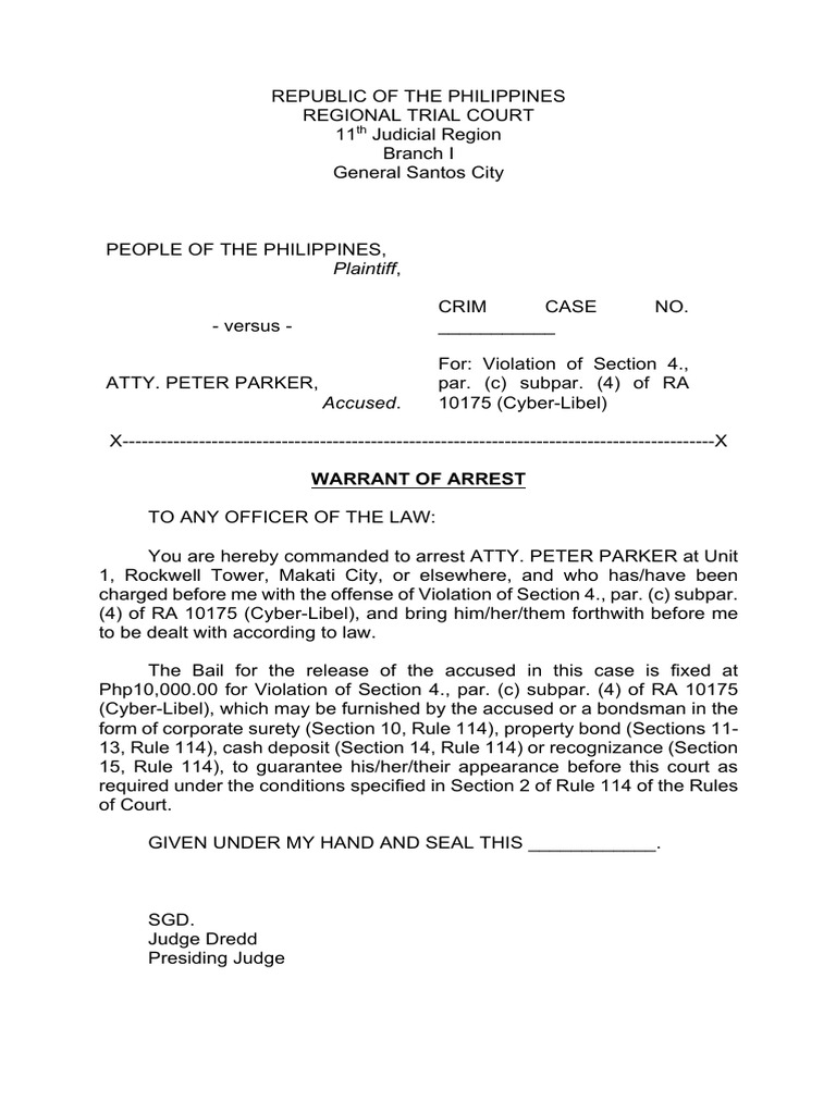04 - Warrant of Arrest (Cyberlibel) | PDF