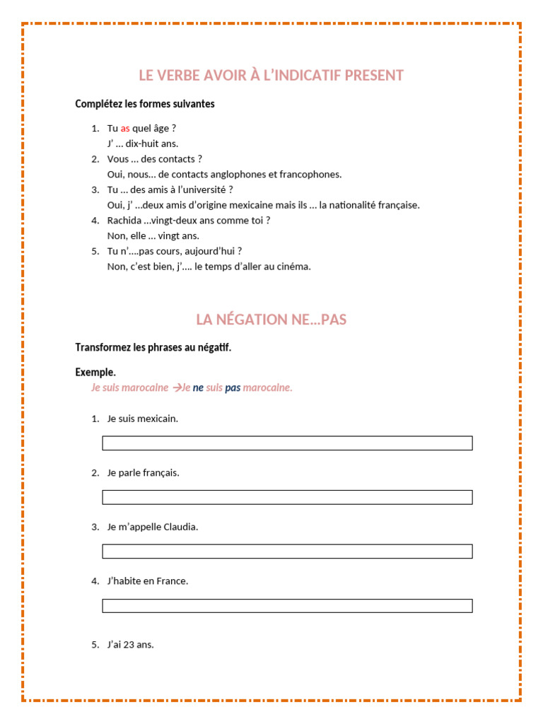 Le verbe avoir à la forme négative | PDF