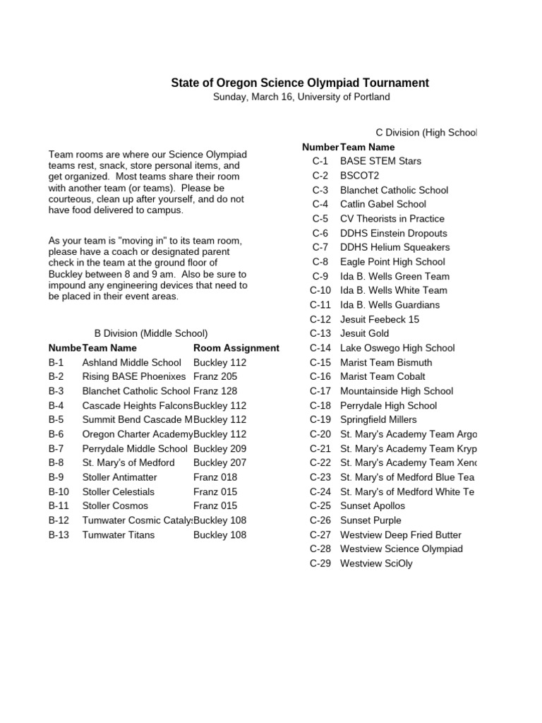 Oregon Science Olympiad 2025 Schedule | PDF