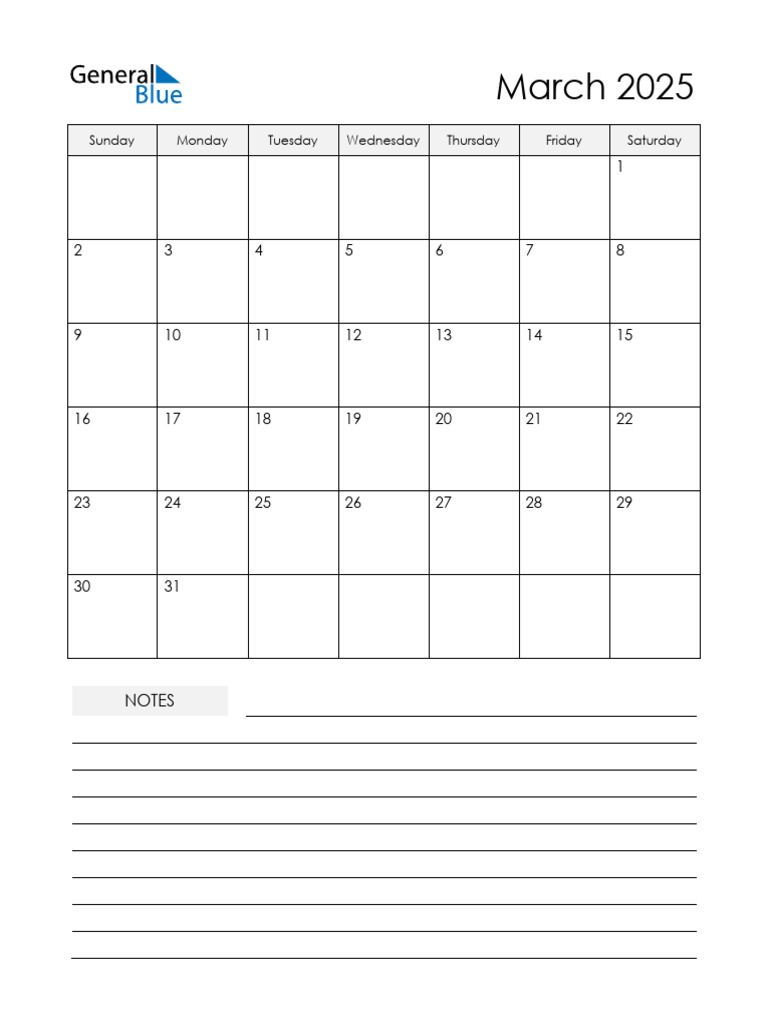 2025 03 March Calendar Plain Notes Portrait Sunday Start en | PDF