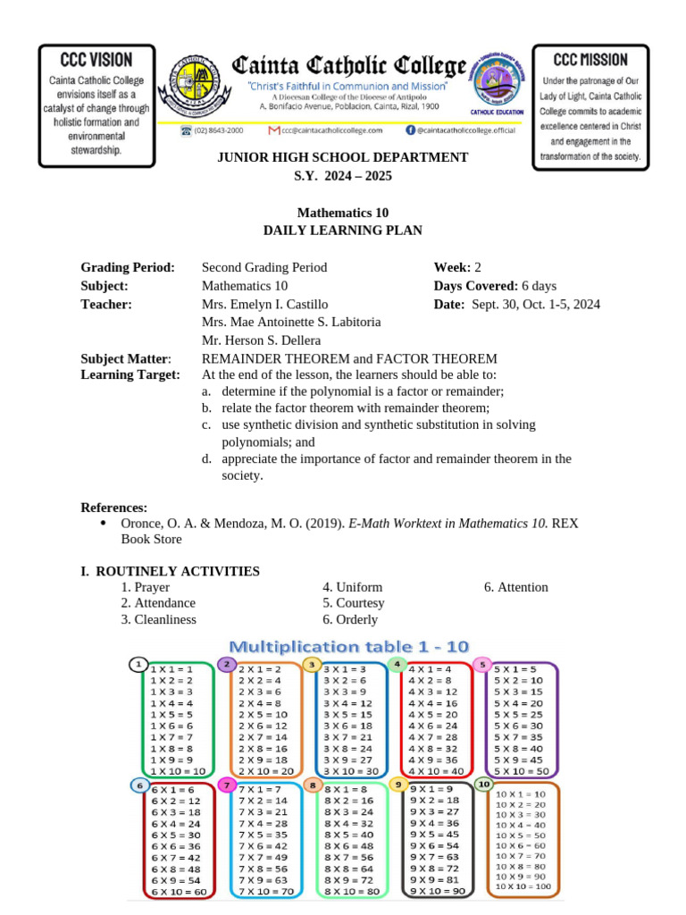 Math 10 Daily Learning Plan: Theorems | PDF | Polynomial | Factorization