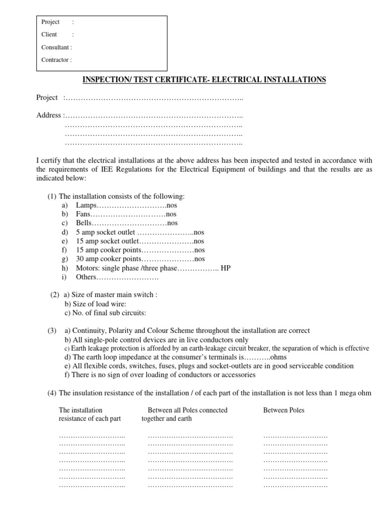 Electrical Installation Test Certificate | PDF | Electronics | Electricity