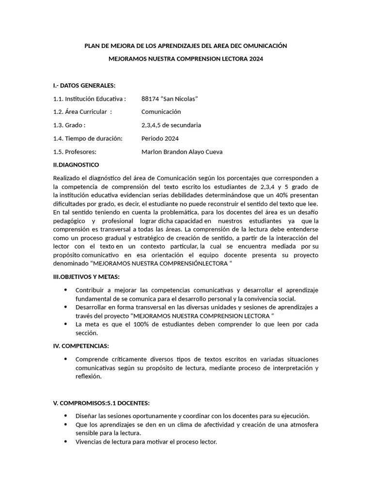 Mejora de Comprensión Lectora 2024 | PDF | Comprensión lectora ...