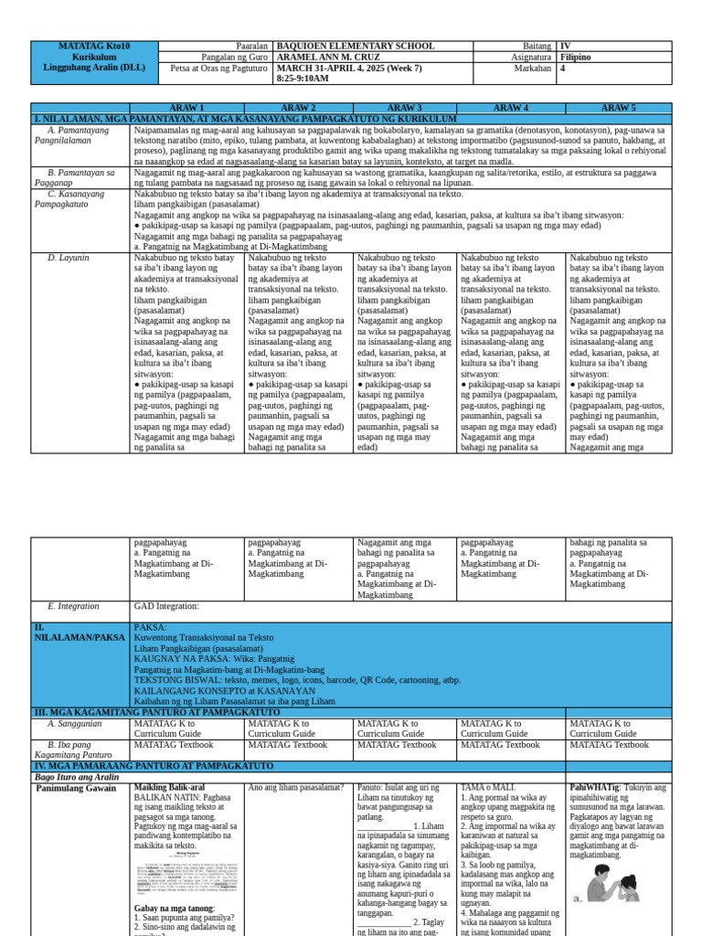 Q4 - Filipino - DLL - Week 7 | PDF