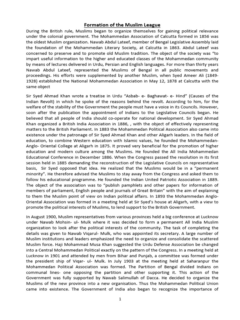 Formation of the All India Muslim League | PDF | All India Muslim League