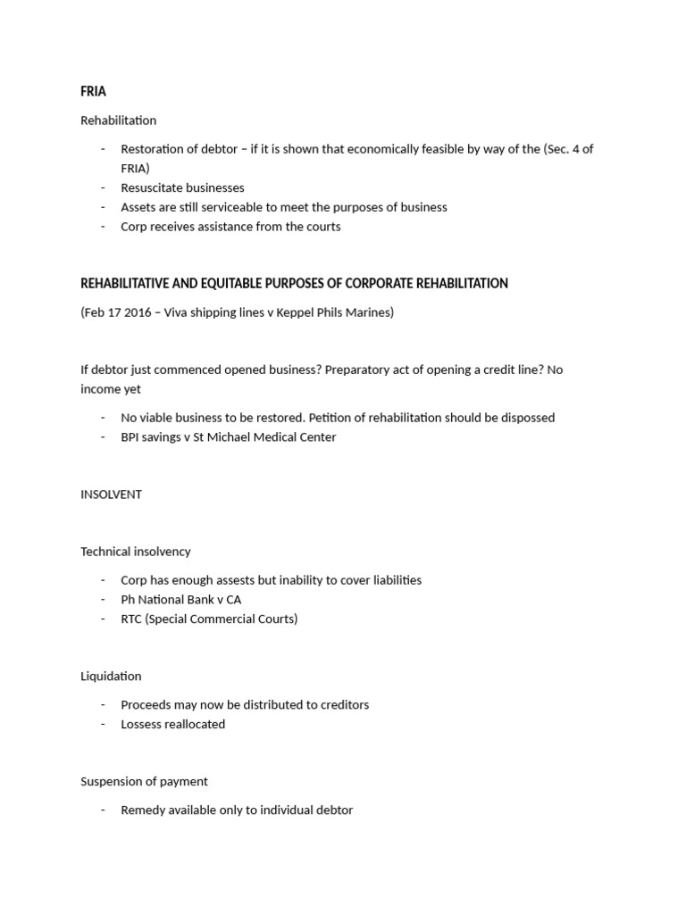 Corporate Rehabilitation Under FRIA Guidelines | PDF