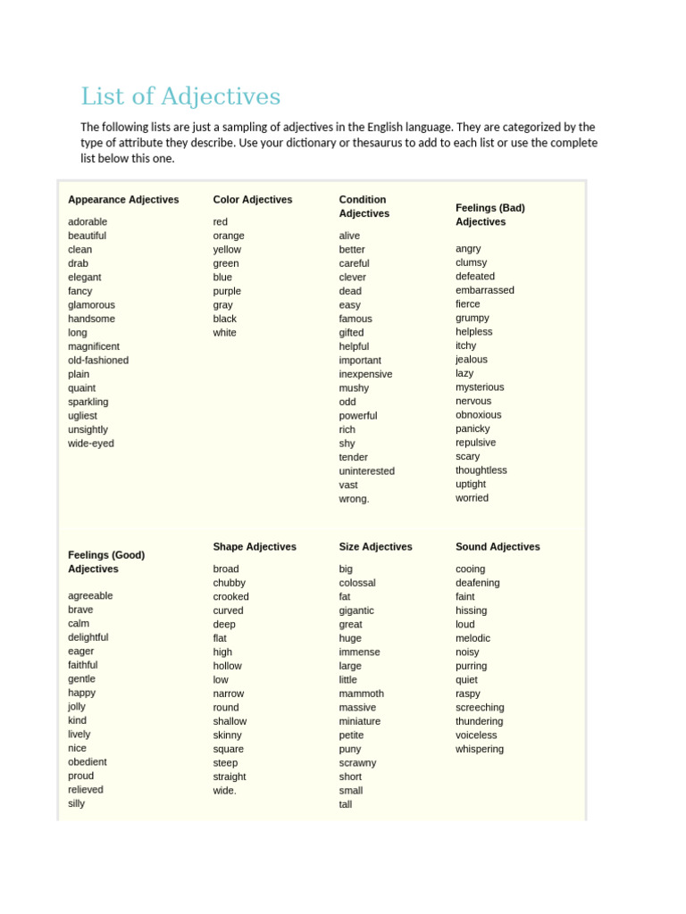 Comprehensive Adjective List by Category | PDF