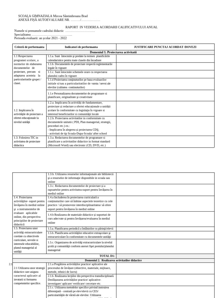 FISA (AUTO) EVALUARE 2021-2022-Raport | PDF