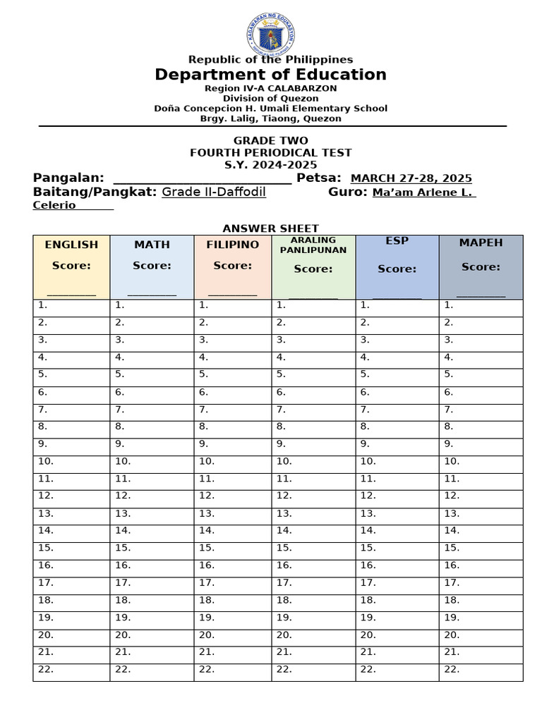 Grade 2 Fourth Periodical Test Answer Sheet | PDF | Government ...