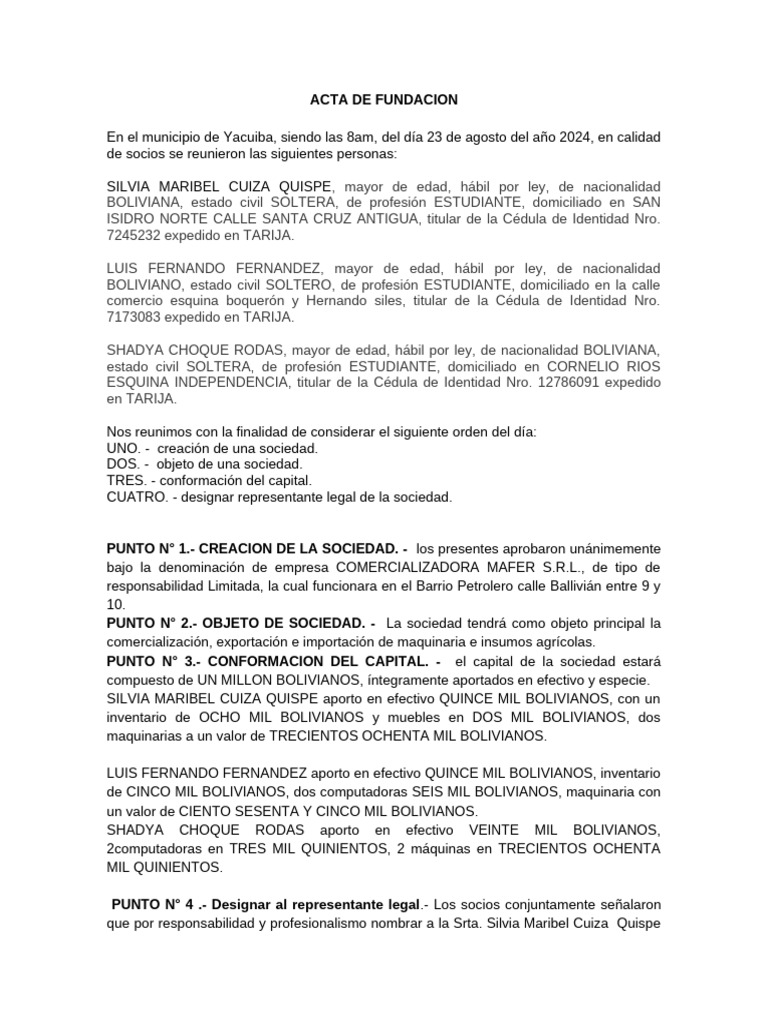 Acta de Fundación de COMERCIALIZADORA MAFER S.R.L. | PDF