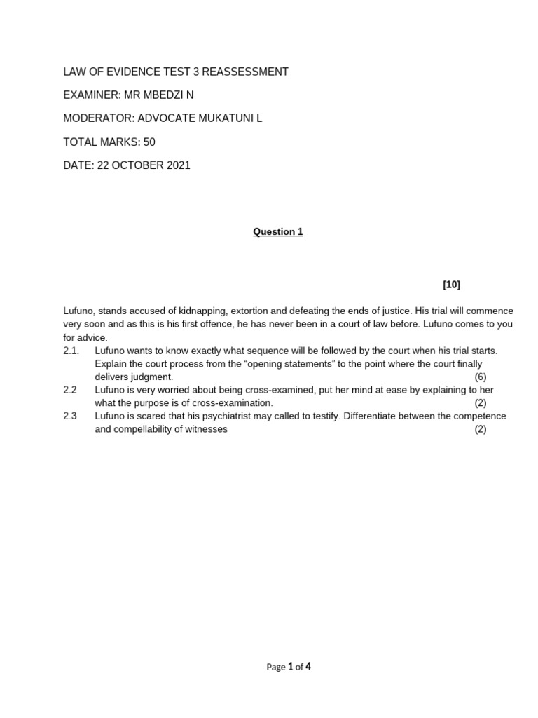 Law of Evidence Test 3 Reassessment Guide | PDF | Evidence (Law ...