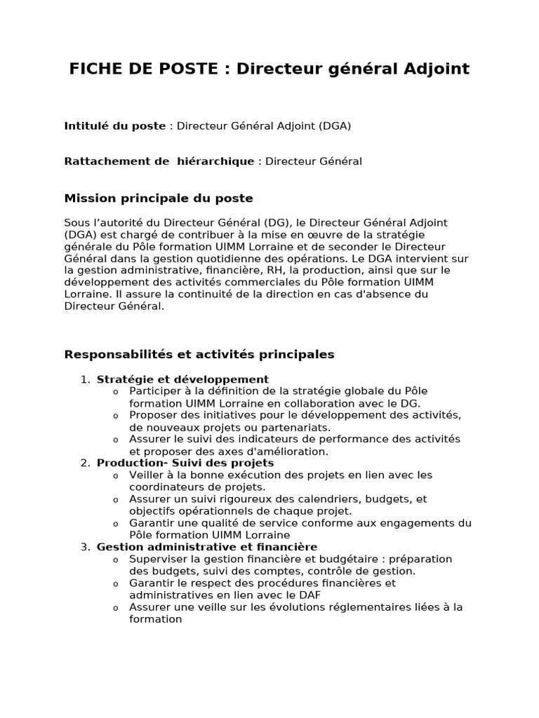 Fiche de poste : Directeur Général Adjoint | PDF | Gestion des ...