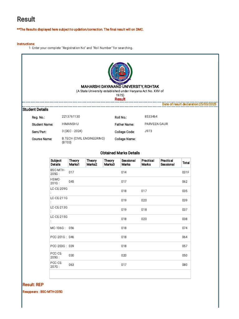 MDU B.Tech Result Declaration 2025 | PDF