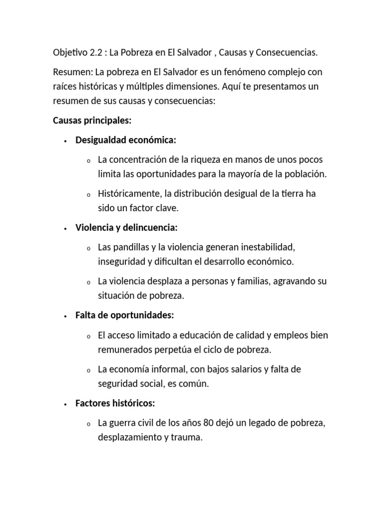 Causas y Consecuencias de la Pobreza en El Salvador | PDF | Pobreza ...