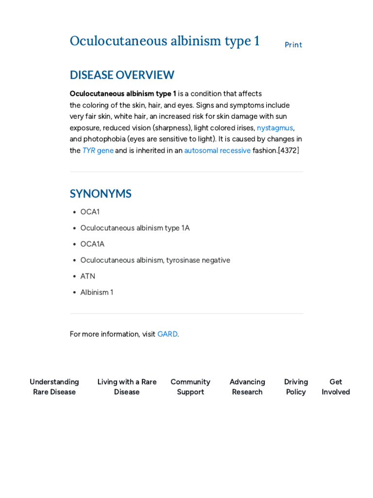 Oculocutaneous Albinism Type 1 Overview | PDF