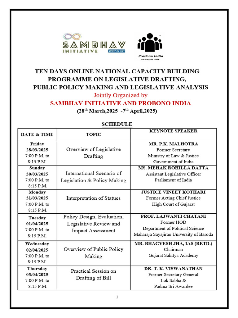 Schedule - Ten Days National CBP On Legislative Drafting, Public Policy ...
