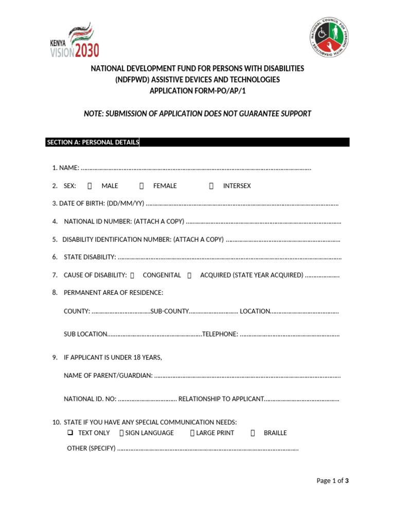 NDFPWD Assistive Devices Application Form | PDF