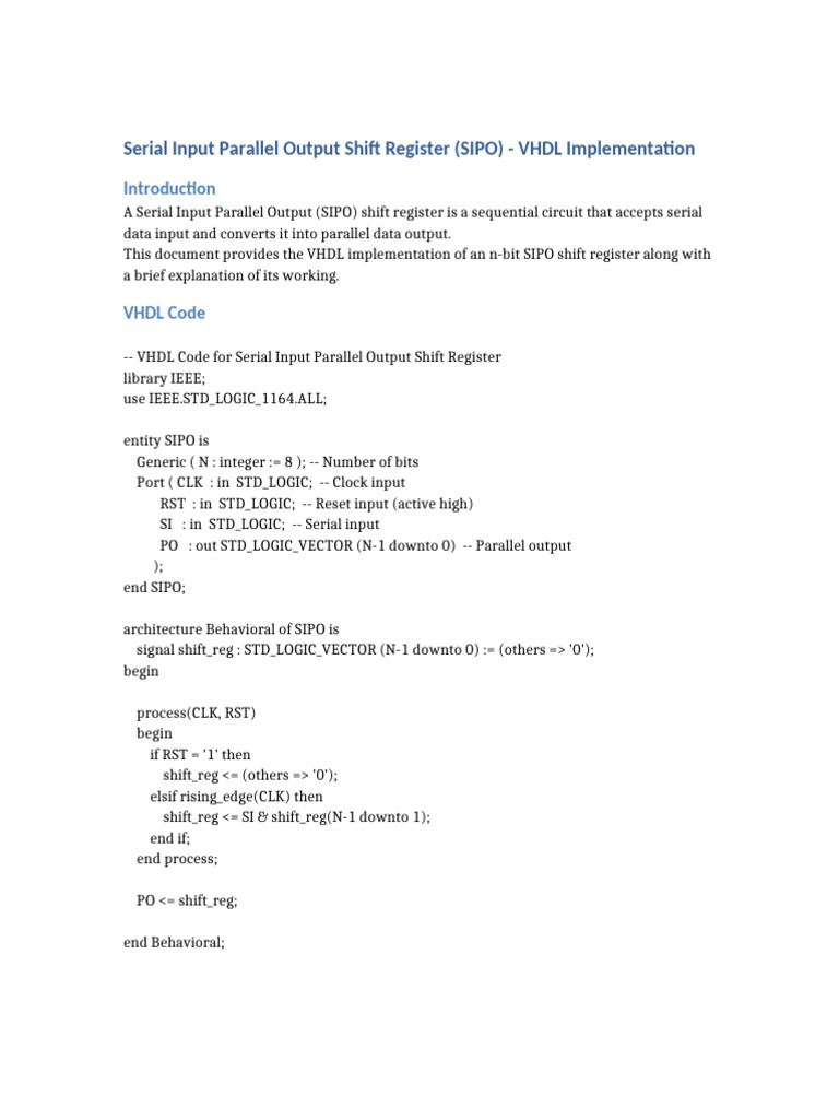 VHDL SIPO Shift Register Design | PDF | Vhdl | Computer Engineering