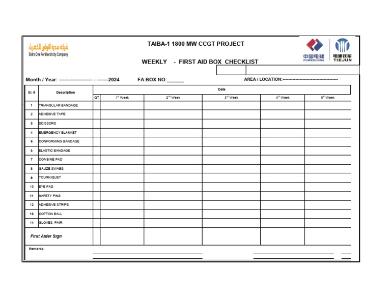 First Aid Box Weekly Checklist 2024 | PDF