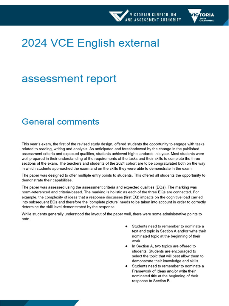 2024 VCE English Exam Assessment Insights | PDF | English As A Second ...