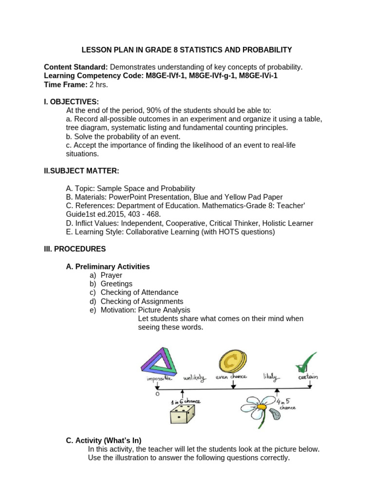 Lesson Plan in Grade 8 Probability of Events | PDF | Probability ...
