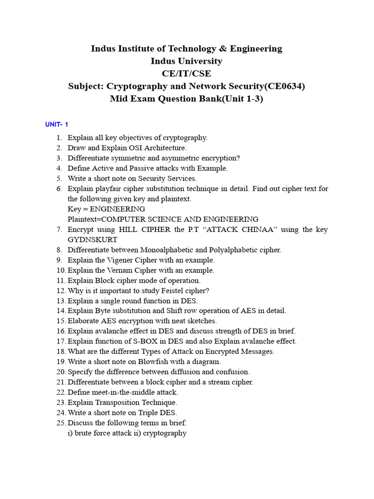 CNS Mid Exam Question Bank | PDF | Cipher | Cryptography