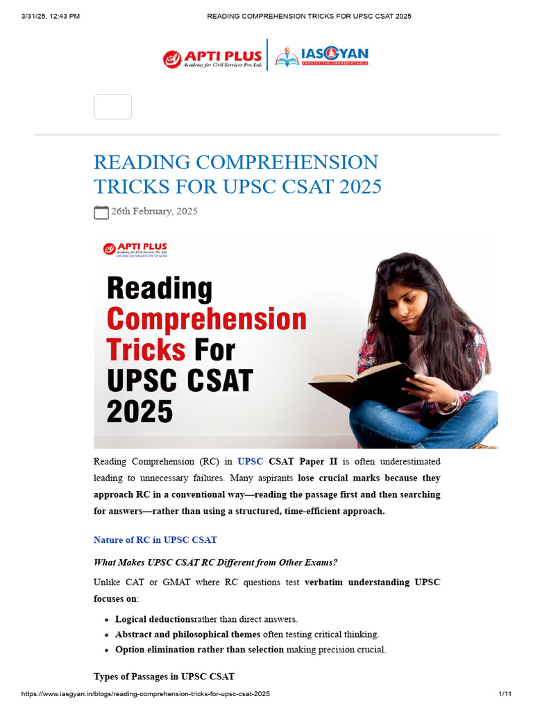 UPSC CSAT 2025 Reading Comprehension Tips | PDF | Reading Comprehension ...