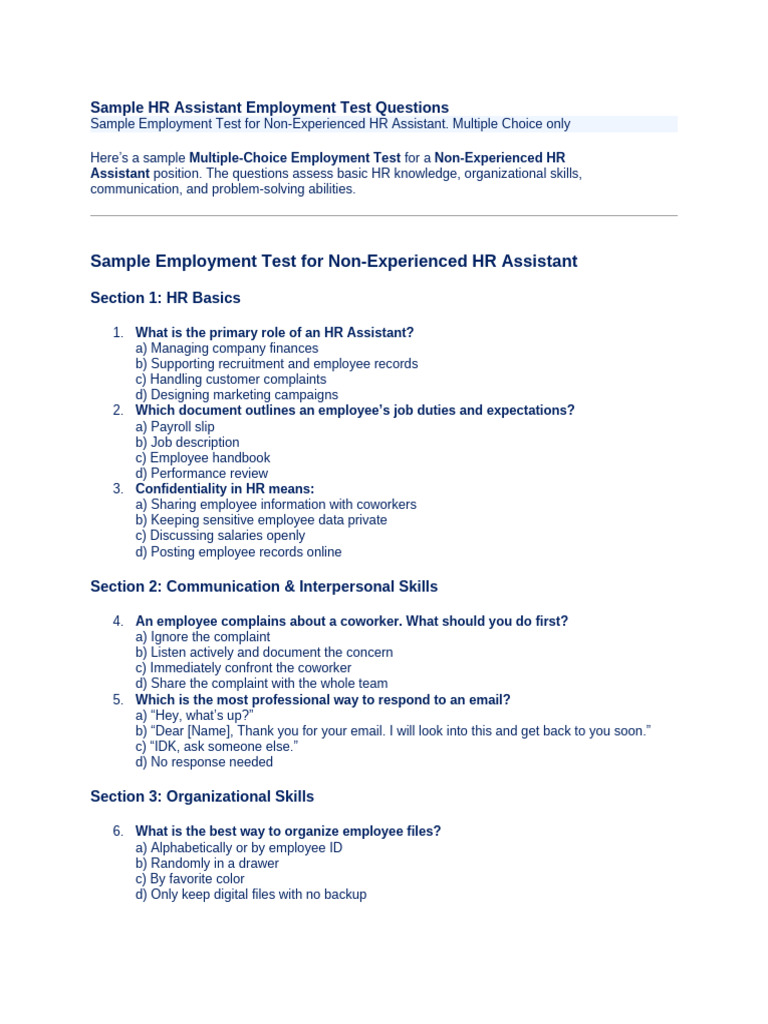 Asst HR Emp Test-Multiple Choice Qs With Ans | PDF | Employment ...