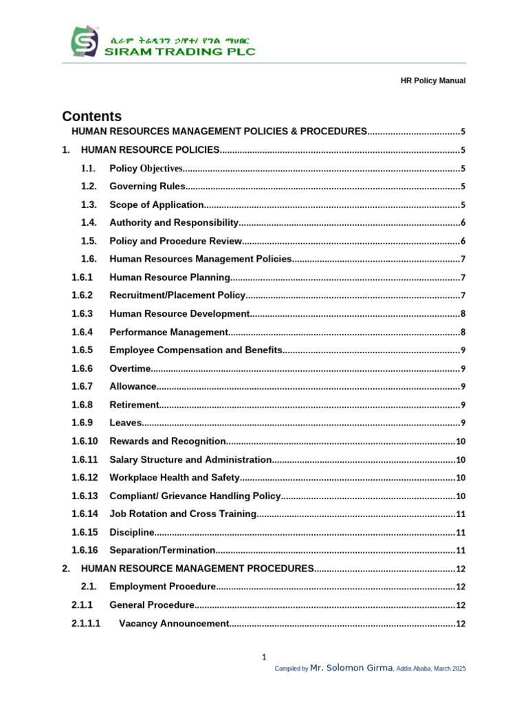 HR Policy Manual for Siram Trading PLC | PDF | Human Resource ...