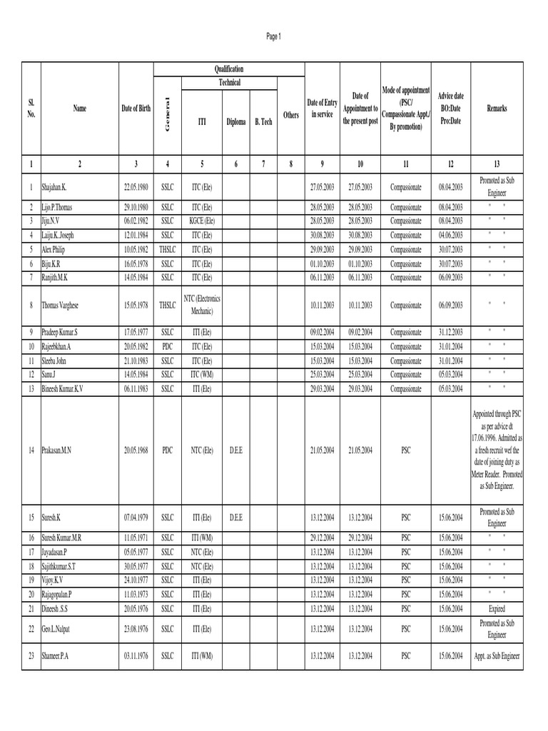 Sub Engineers Appointment Records | PDF