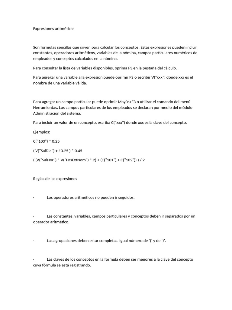 Expresiones Aritméticas en Nómina Microsip | PDF