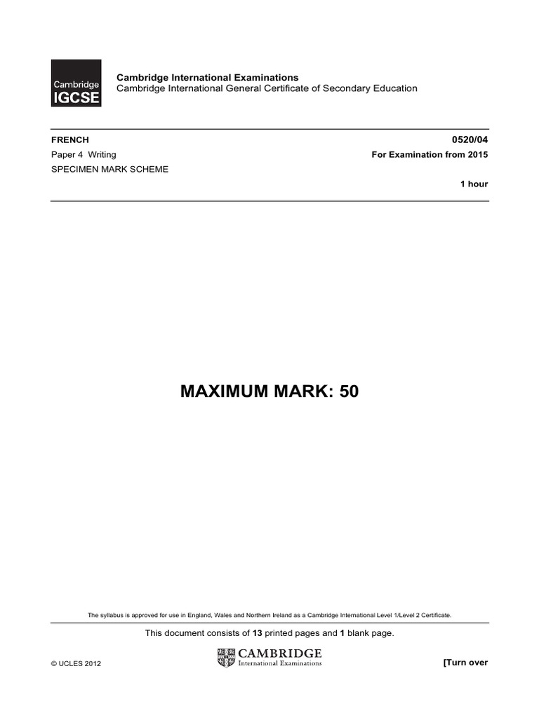French 2015 Specimen - Mark Scheme - 0520-04 | PDF | Verb | Grammar