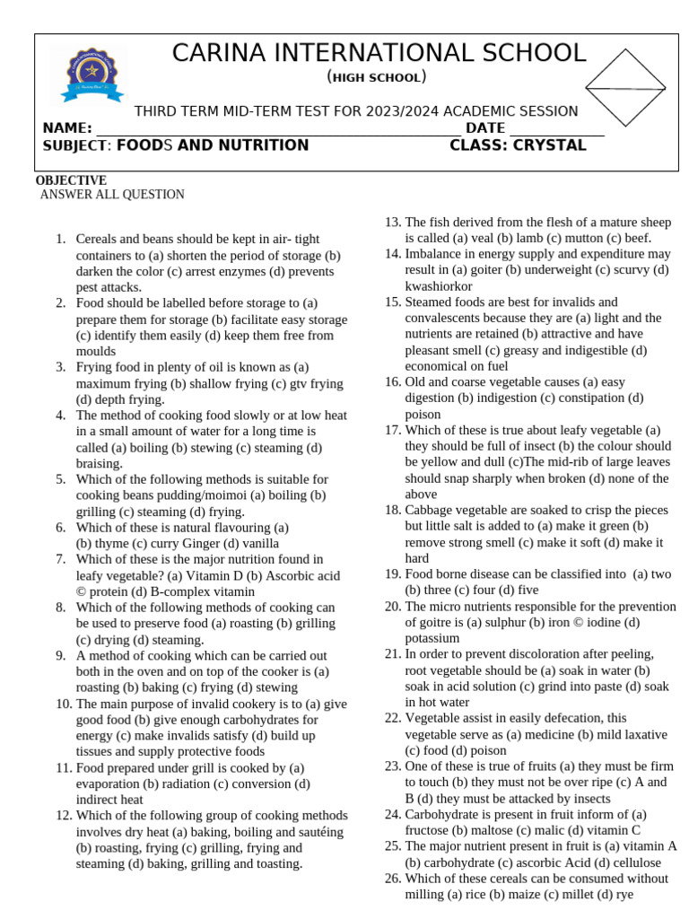 Food Storage and Cooking Methods Quiz | PDF | Cooking | Foods
