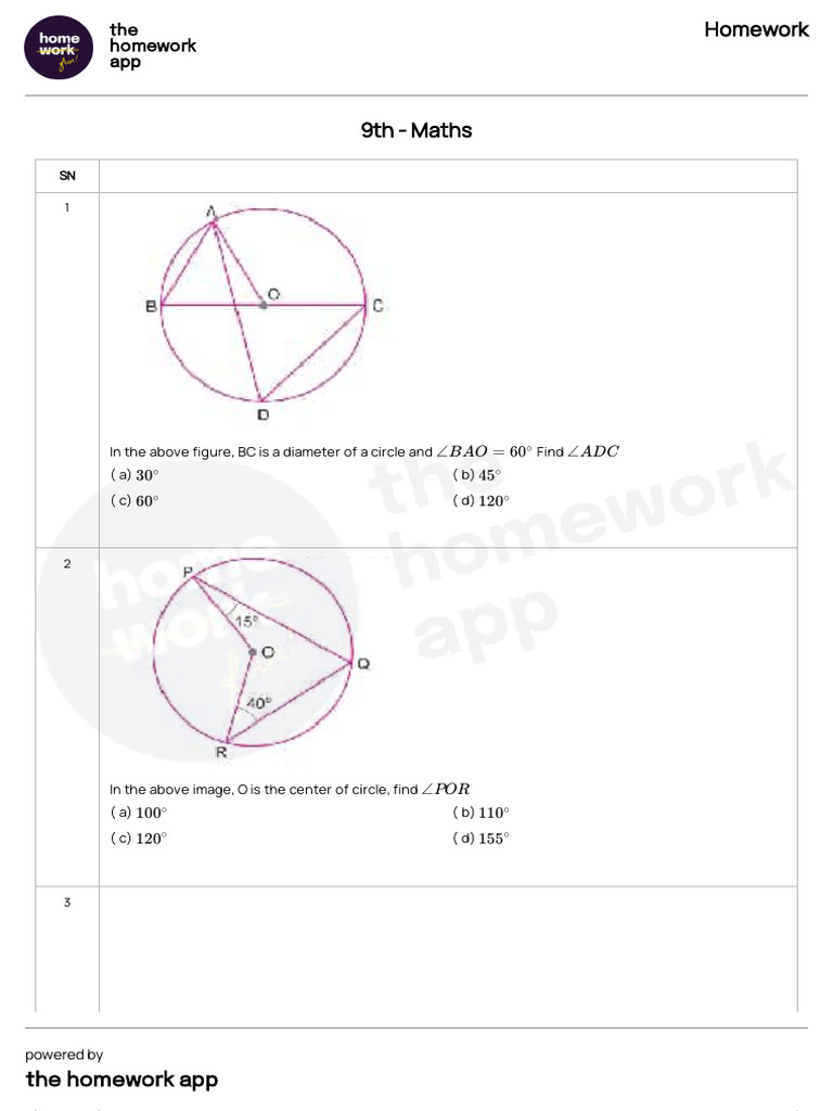 Questions - Homework - 9th - Maths - 2025-02-17T06 - 40 | PDF | Circle ...