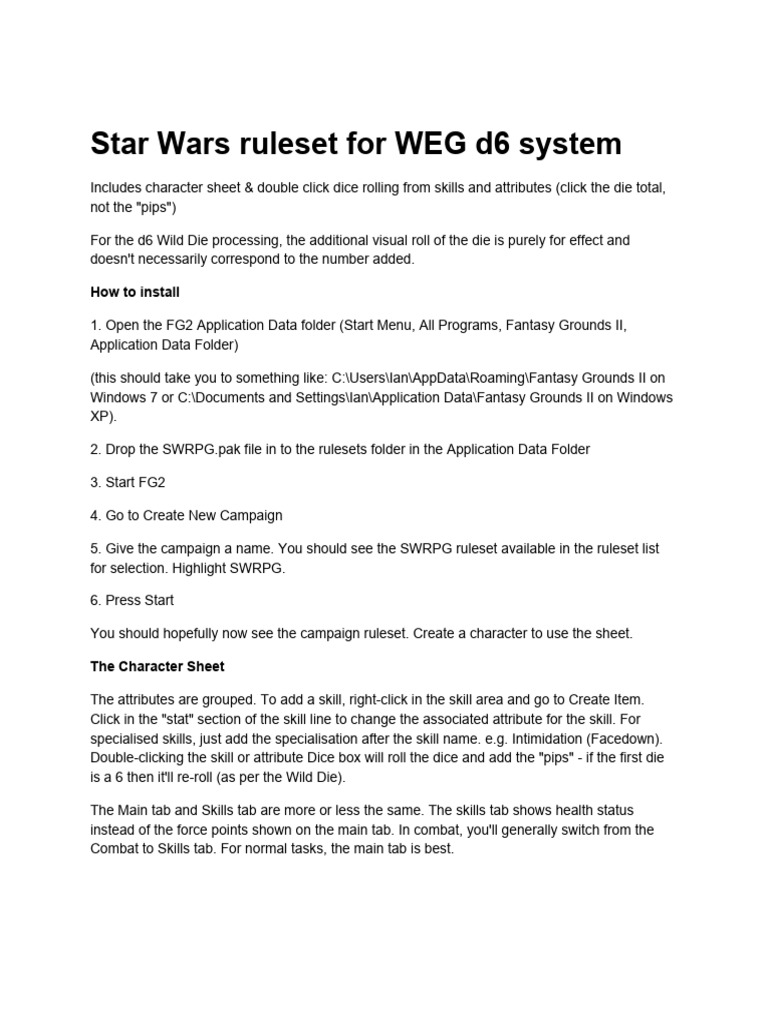 Star Wars WEG d6 Ruleset Guide | PDF