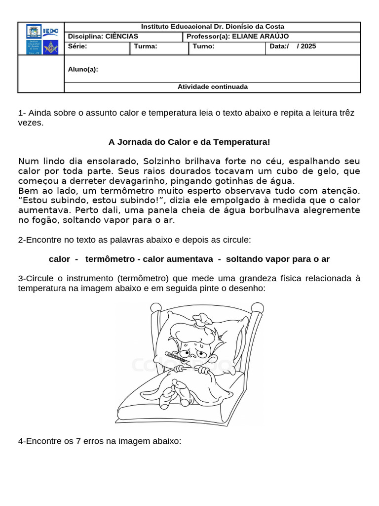 Atividade de Ciências: Calor e Temperatura | PDF