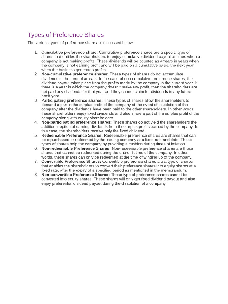 Types of Preference Shares | PDF | Preferred Stock | Dividend