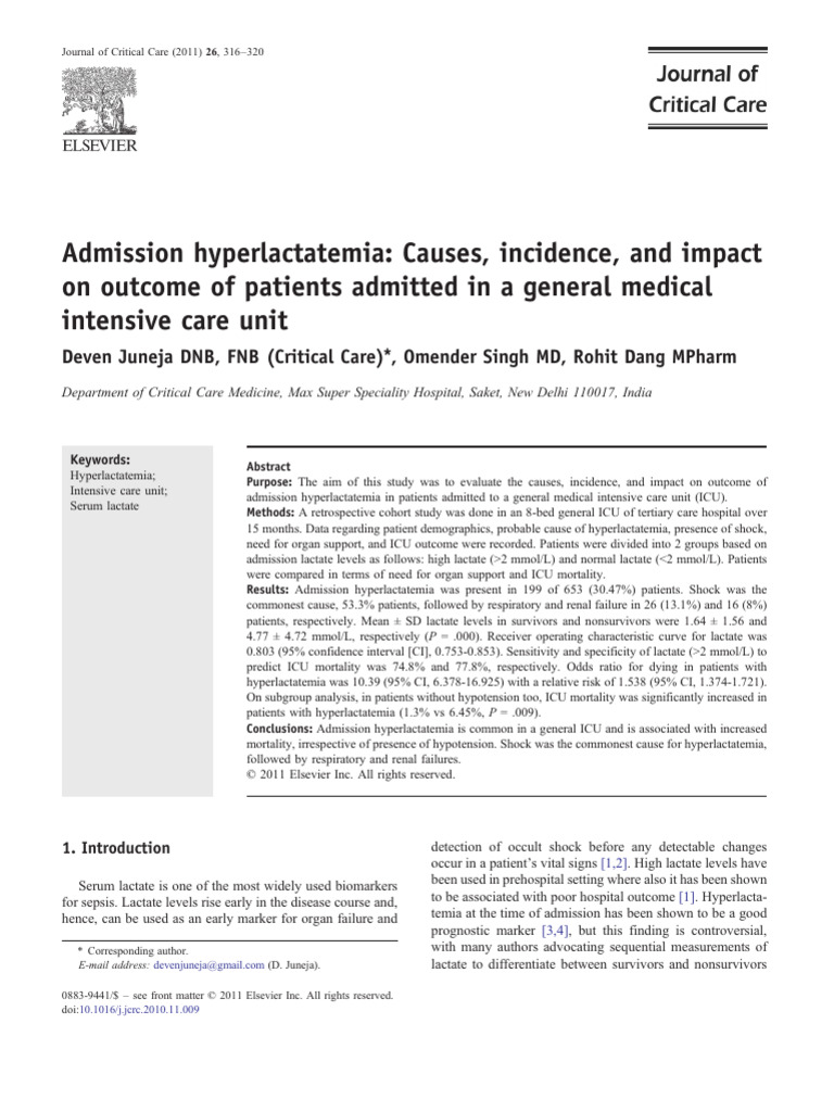 Admission Hyperlactatemia Causes Incidence and Impact | PDF | Sepsis ...