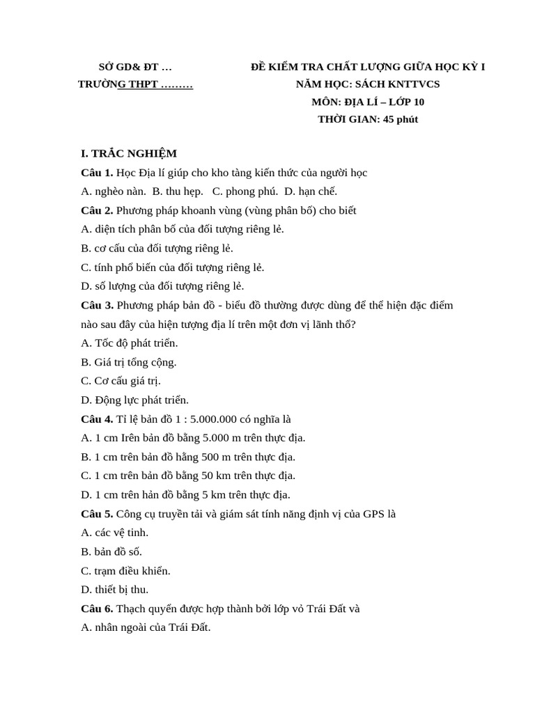 De Thi GK 1 Dia Li 10 1 | PDF