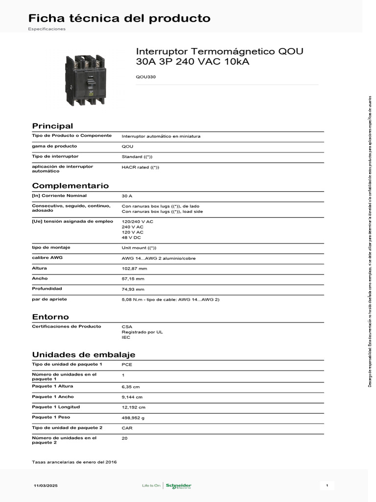 Schneider Electric QOU Unit Mount Circuit Breakers QOU3P 30A | PDF